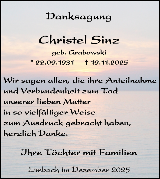 Traueranzeige von Christel Sinz von WochenSpiegel