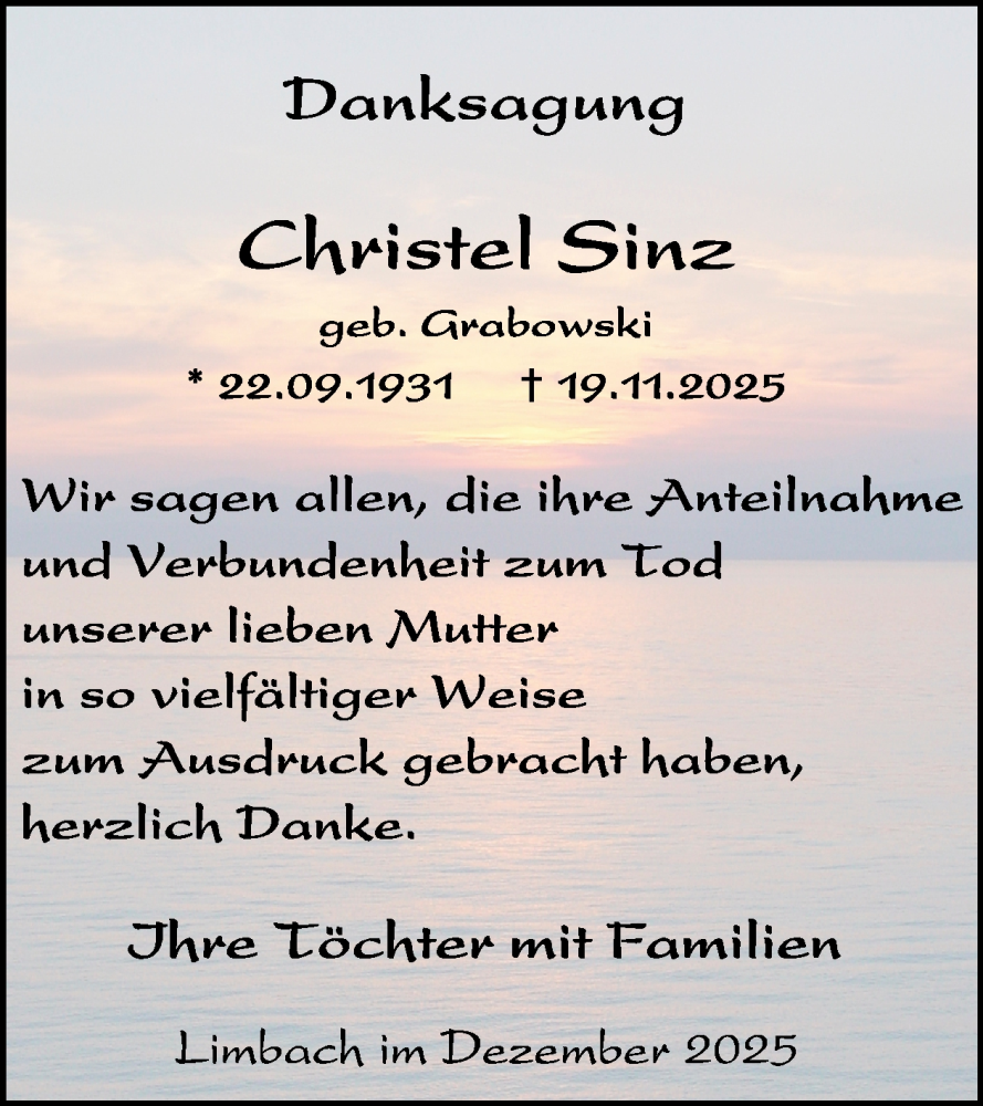  Traueranzeige für Christel Sinz vom 03.01.2026 aus WochenSpiegel