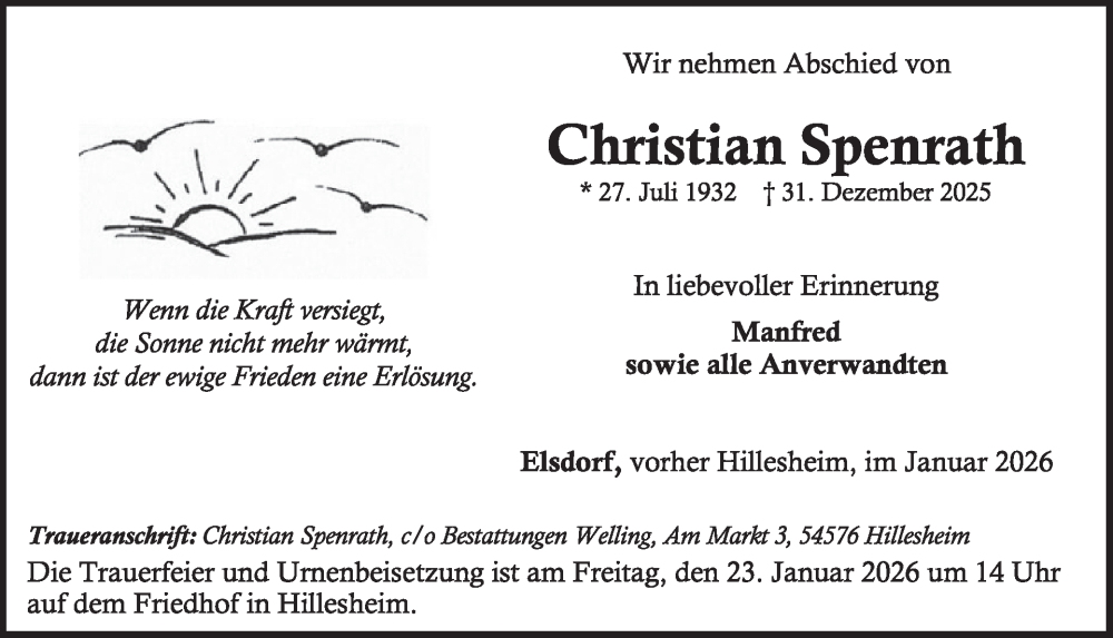  Traueranzeige für Christian Spenrath vom 17.01.2026 aus WochenSpiegel