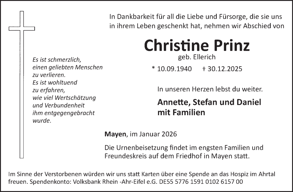  Traueranzeige für Christine Prinz vom 14.01.2026 aus WochenSpiegel