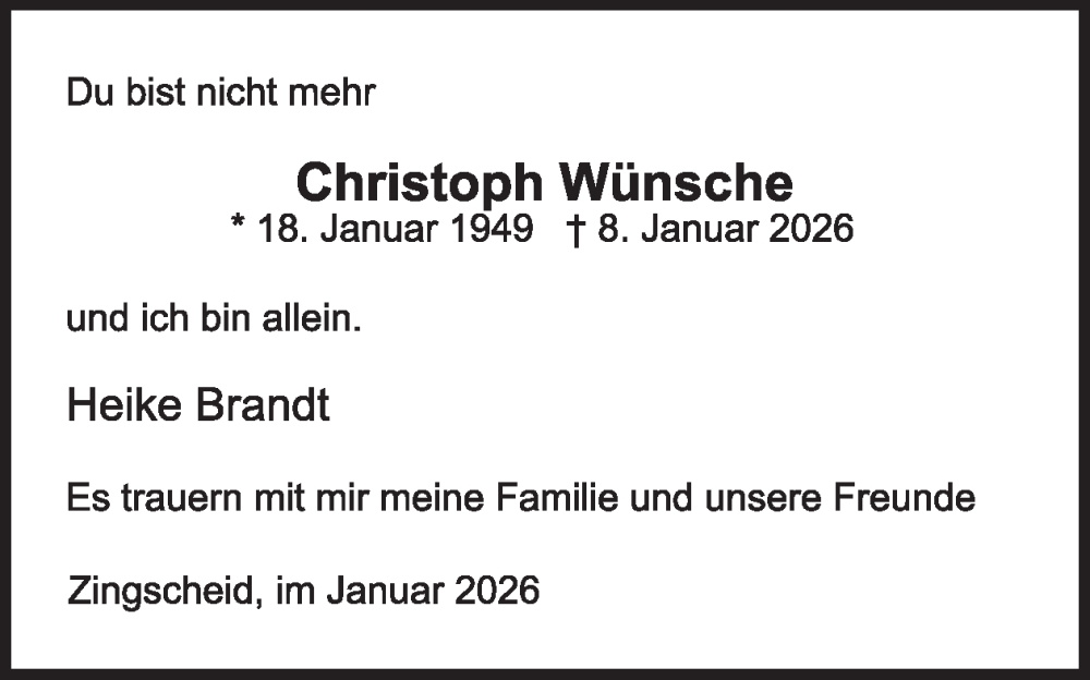  Traueranzeige für Christoph Wünsche vom 14.01.2026 aus WochenSpiegel