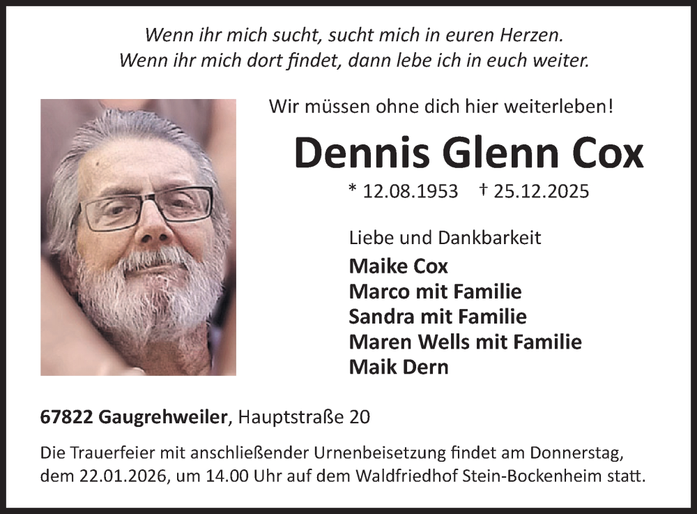  Traueranzeige für Dennis Glenn Cox vom 17.01.2026 aus WochenSpiegel
