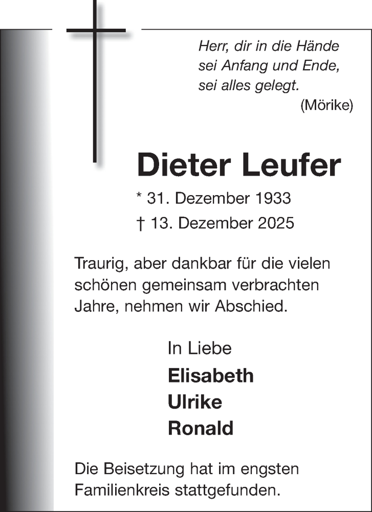  Traueranzeige für Dieter Leufer vom 07.01.2026 aus WochenSpiegel