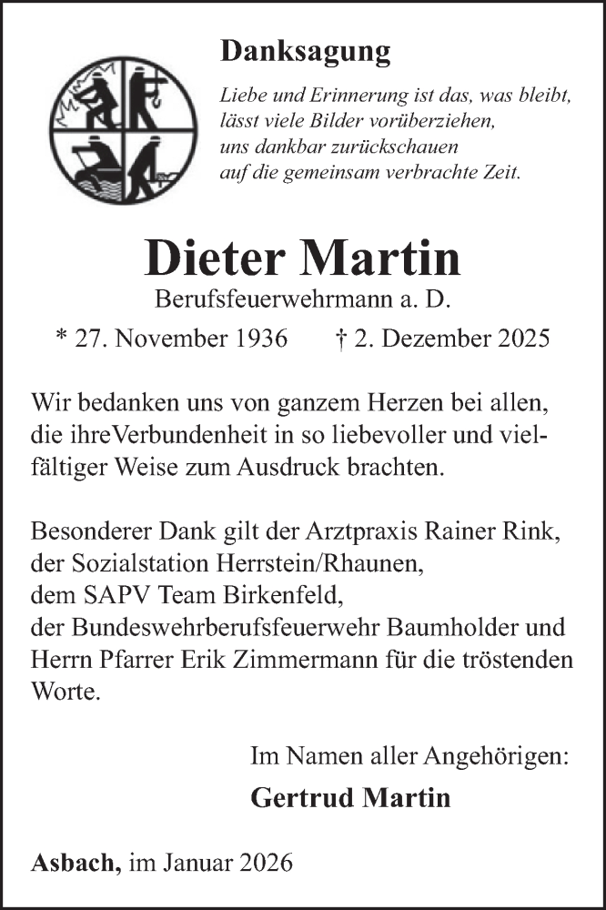  Traueranzeige für Dieter Martin vom 31.01.2026 aus WochenSpiegel