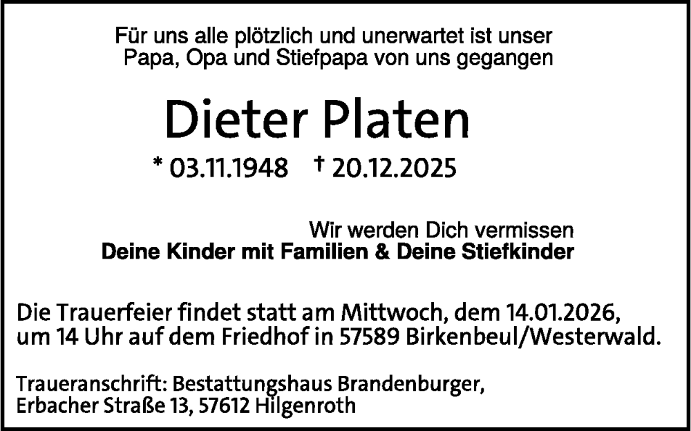  Traueranzeige für Dieter Platen vom 07.01.2026 aus WochenSpiegel