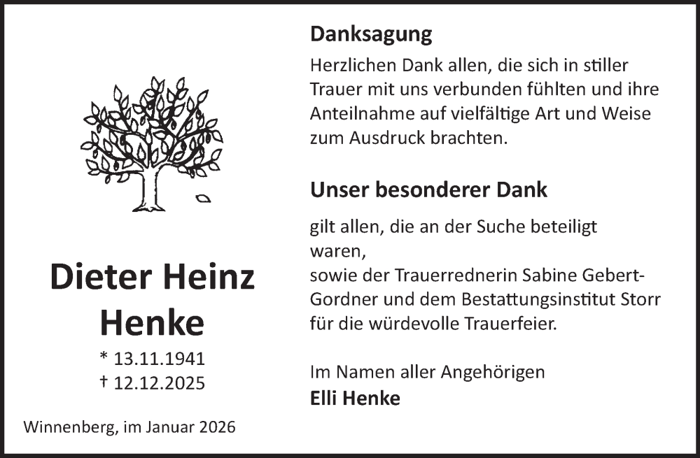  Traueranzeige für Dieter Heinz Henke vom 17.01.2026 aus WochenSpiegel