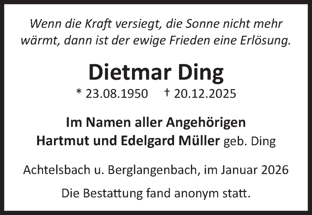  Traueranzeige für Dietmar Ding vom 31.01.2026 aus WochenSpiegel
