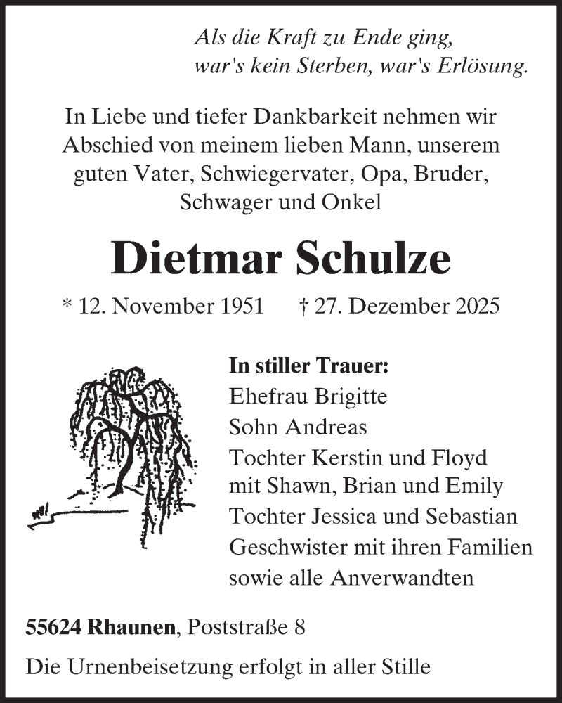  Traueranzeige für Dietmar Schulze vom 10.01.2026 aus WochenSpiegel