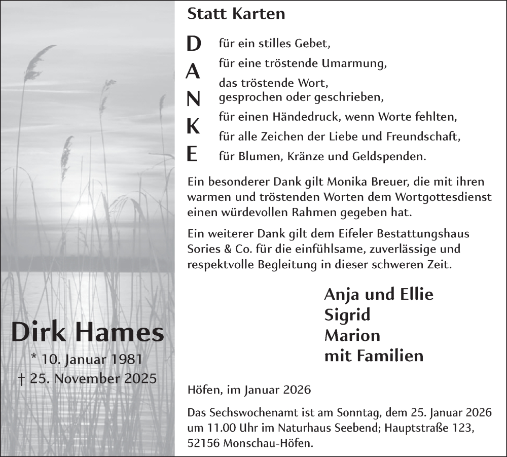  Traueranzeige für Dirk Hames vom 14.01.2026 aus WochenSpiegel