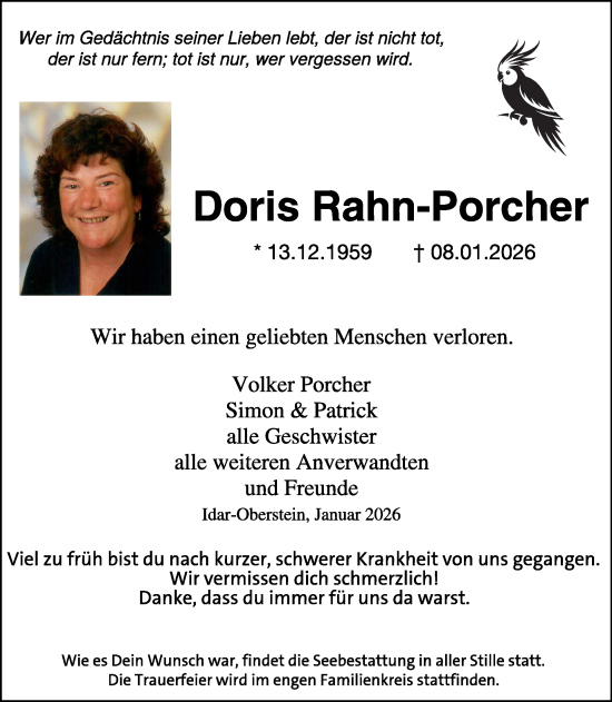 Traueranzeige von Doris Rahn-Porcher von WochenSpiegel