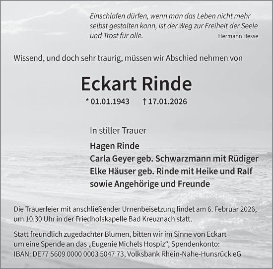 Traueranzeige von Eckart Rinde von WochenSpiegel