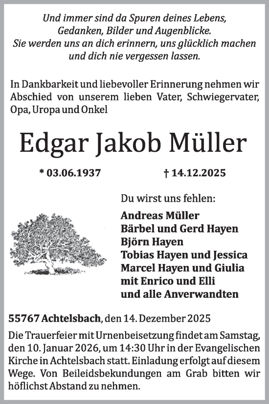 Traueranzeige von Edgar Jakob Müller von WochenSpiegel