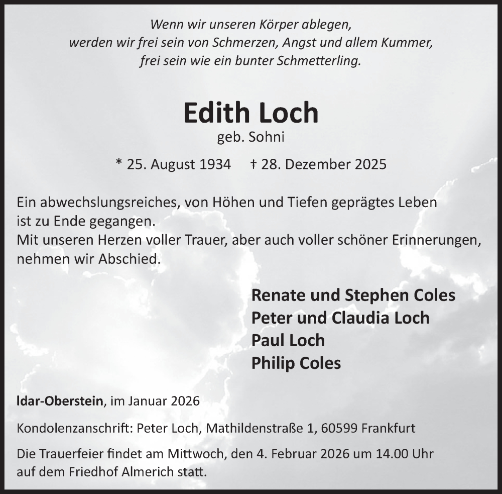  Traueranzeige für Edith Loch vom 24.01.2026 aus WochenSpiegel