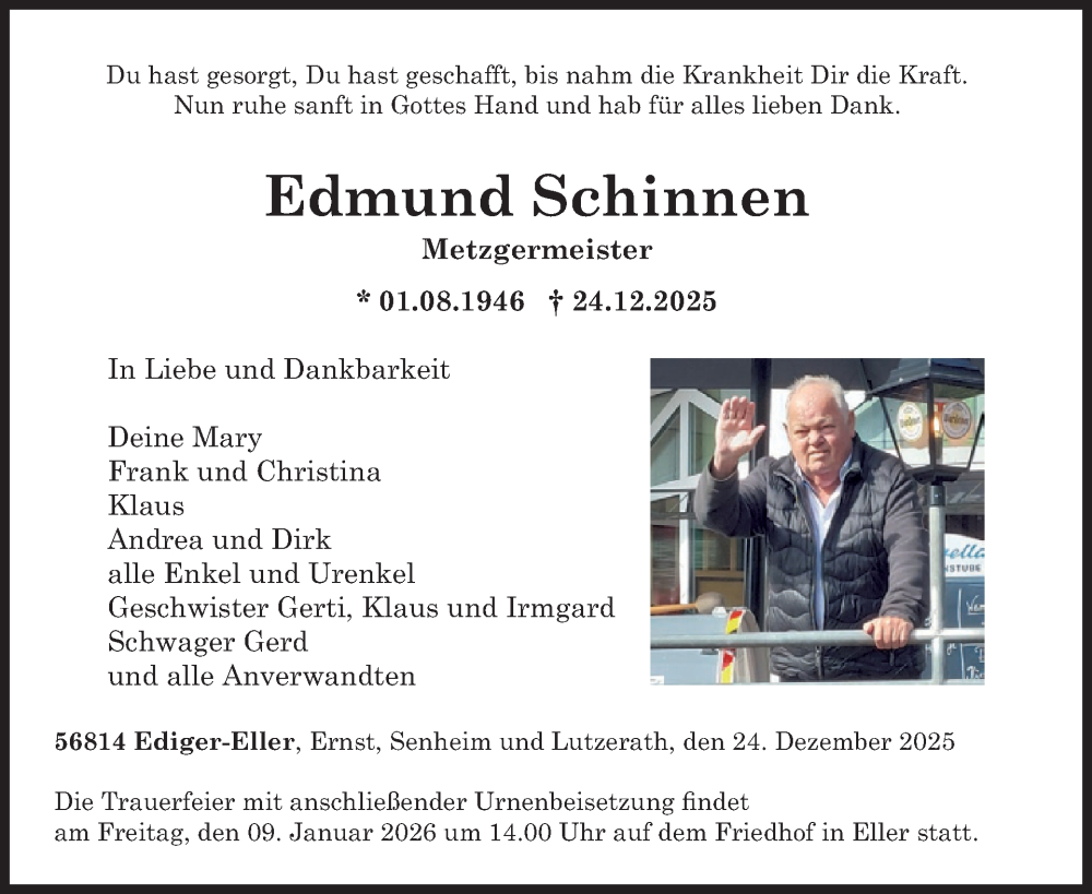  Traueranzeige für Edmund Schinnen vom 07.01.2026 aus WochenSpiegel