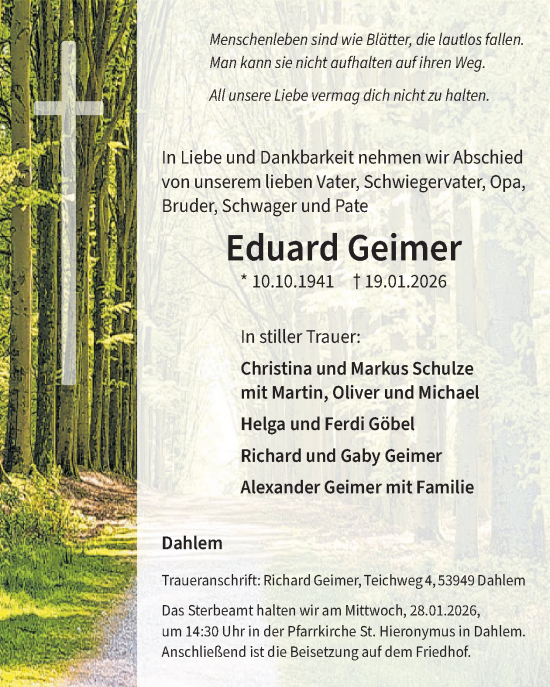 Traueranzeige von Eduard Geimer von WochenSpiegel