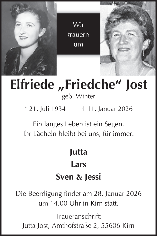  Traueranzeige für Elfriede Jost vom 24.01.2026 aus WochenSpiegel