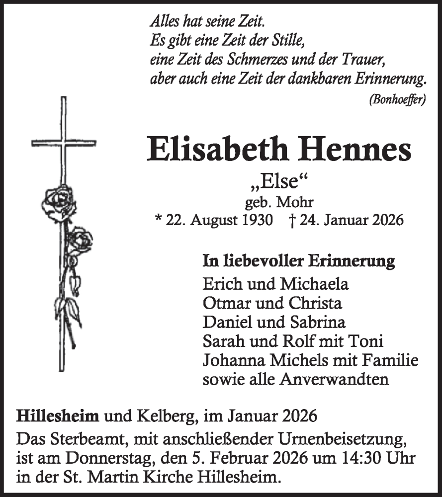  Traueranzeige für Elisabeth Hennes vom 31.01.2026 aus WochenSpiegel