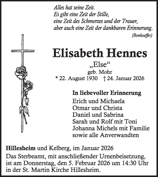 Traueranzeige von Elisabeth Hennes von WochenSpiegel