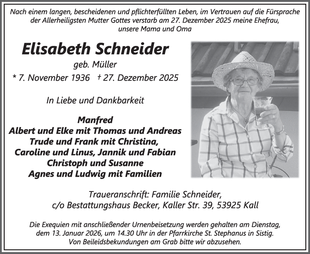  Traueranzeige für Elisabeth Schneider vom 07.01.2026 aus WochenSpiegel