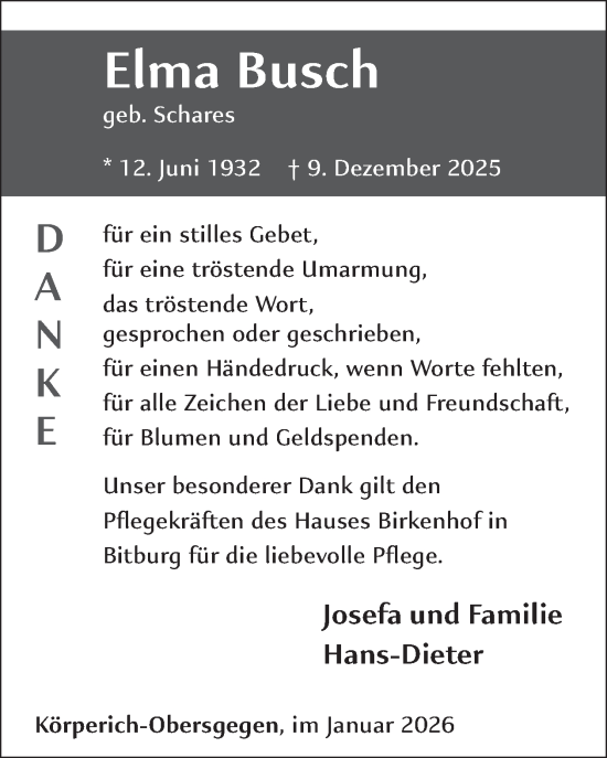 Traueranzeige von Elma Busch von WochenSpiegel