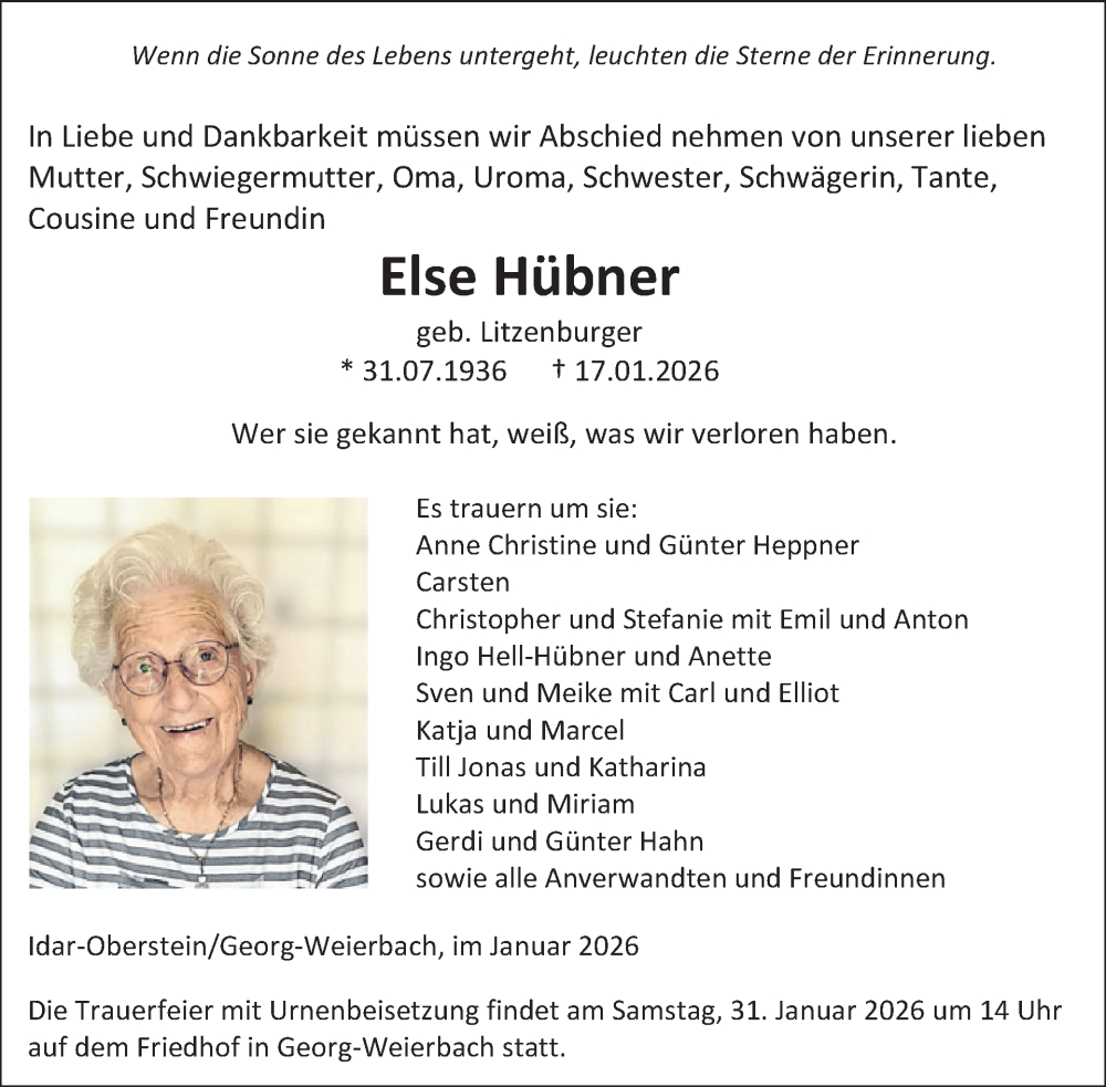  Traueranzeige für Else Hübner vom 24.01.2026 aus WochenSpiegel
