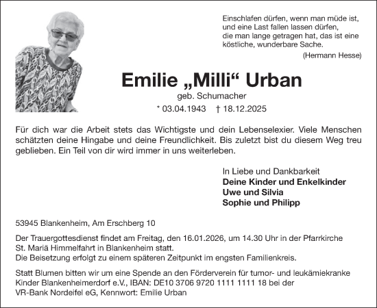 Traueranzeige von Emilie Urban von WochenSpiegel