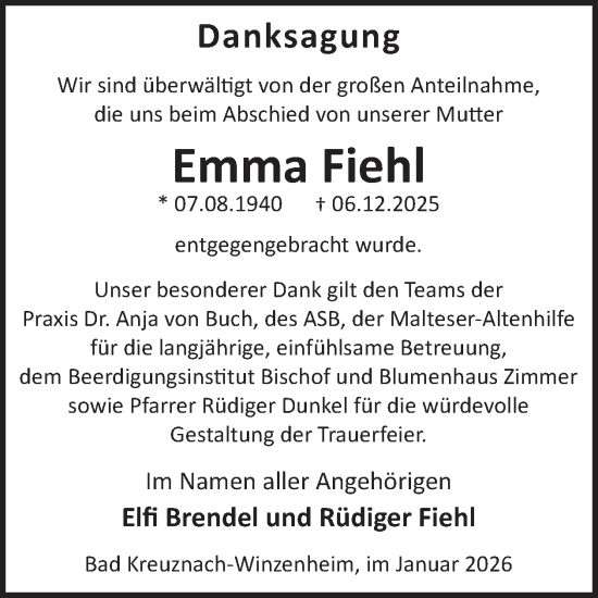 Traueranzeige von Emma Fiehl von WochenSpiegel