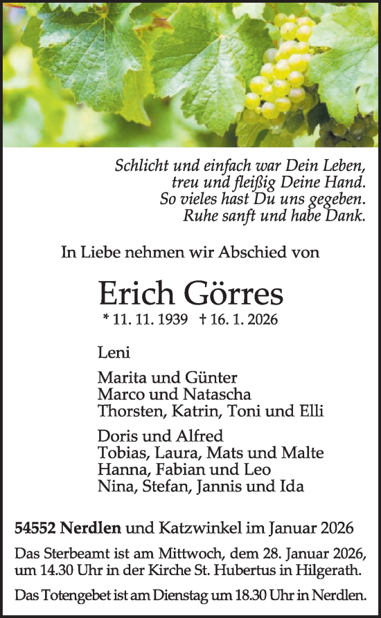 Traueranzeige von Erich Görres von WochenSpiegel
