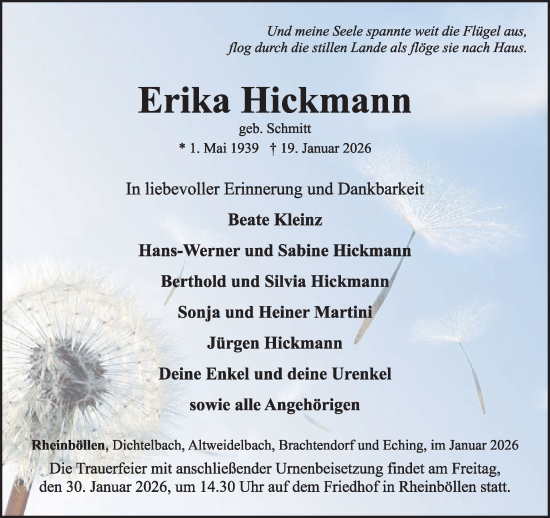 Traueranzeige von Erika Hickmann von WochenSpiegel