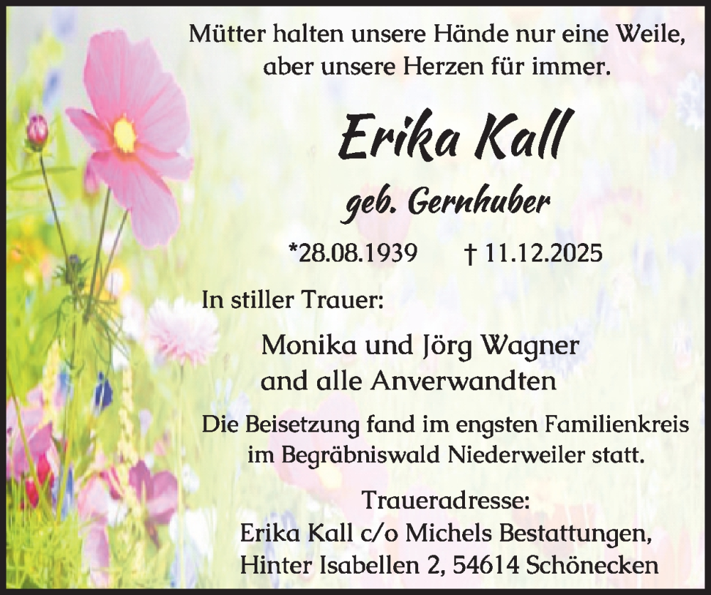  Traueranzeige für Erika Kall vom 16.01.2026 aus WochenSpiegel