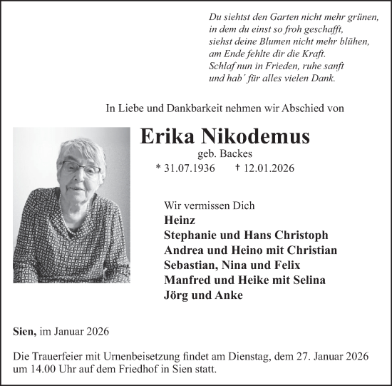 Traueranzeige von Erika Nikodemus von WochenSpiegel