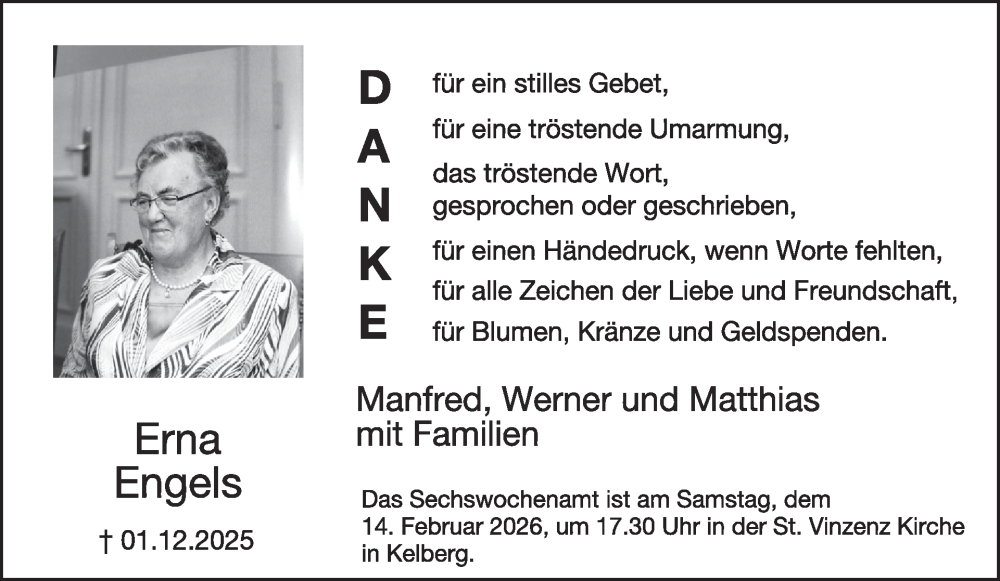  Traueranzeige für Erna Engels vom 17.01.2026 aus WochenSpiegel