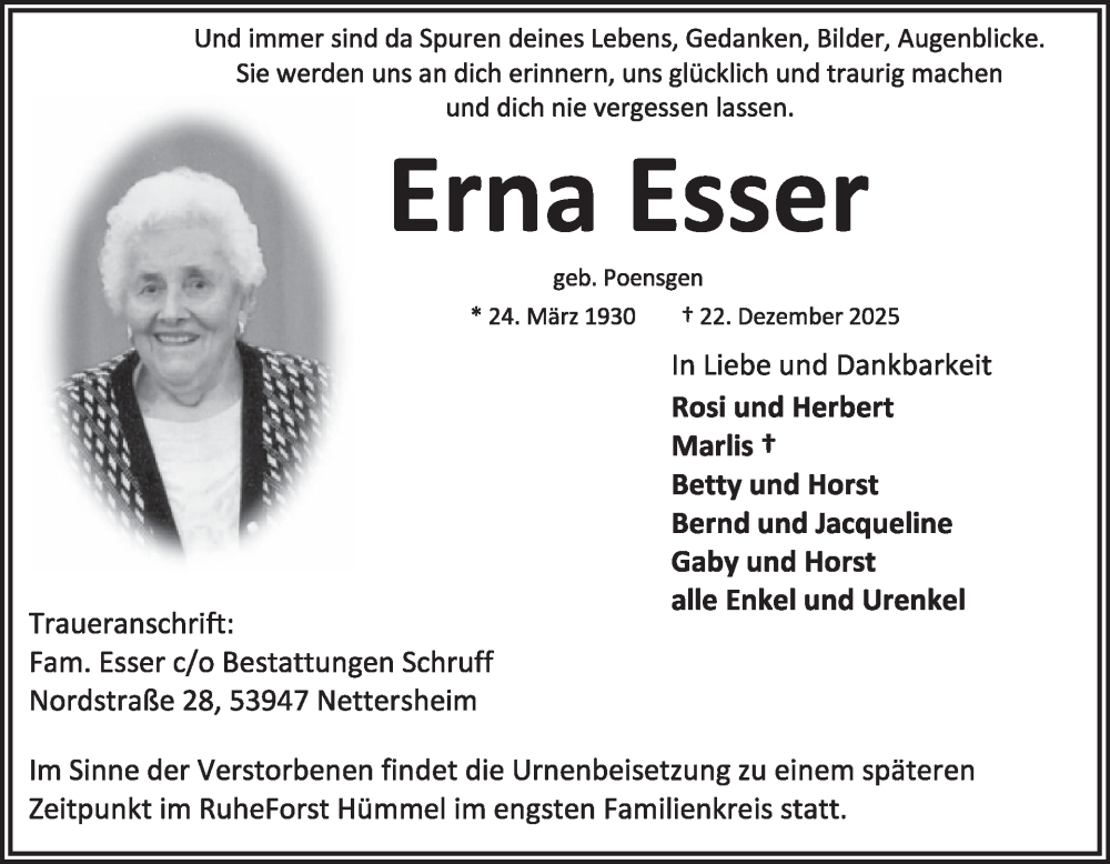  Traueranzeige für Erna Esser vom 14.01.2026 aus WochenSpiegel
