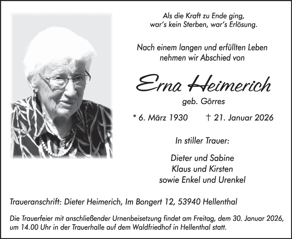  Traueranzeige für Erna Heimerich vom 28.01.2026 aus WochenSpiegel