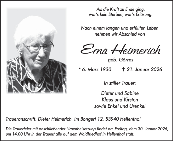 Traueranzeige von Erna Heimerich von WochenSpiegel