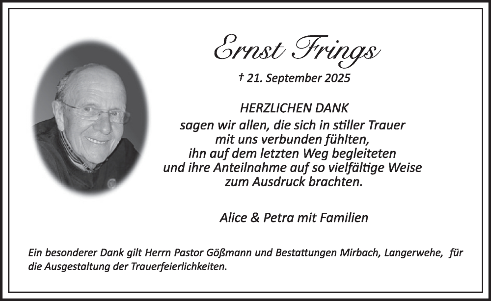  Traueranzeige für Ernst Frings vom 14.01.2026 aus WochenSpiegel