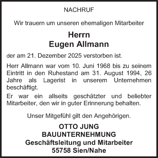 Traueranzeige von Eugen Allmann von WochenSpiegel