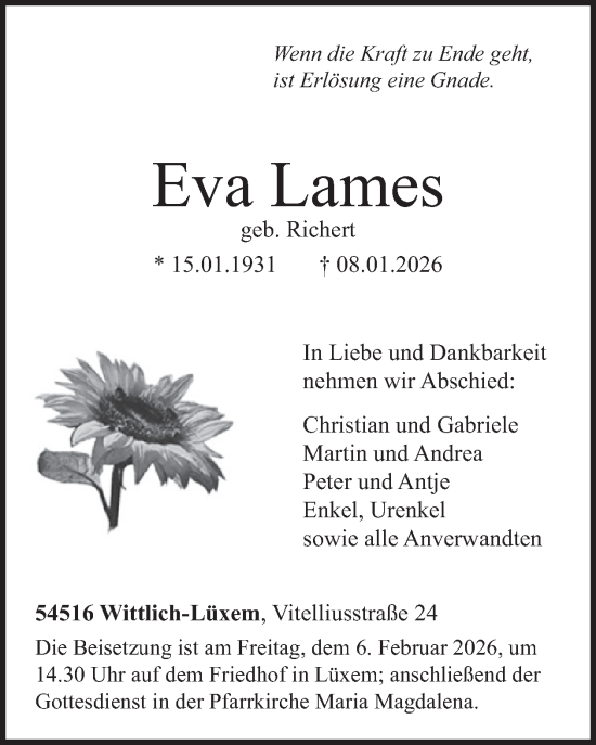 Traueranzeige von Eva Lames von WochenSpiegel