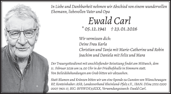 Traueranzeige von Ewald Carl von WochenSpiegel