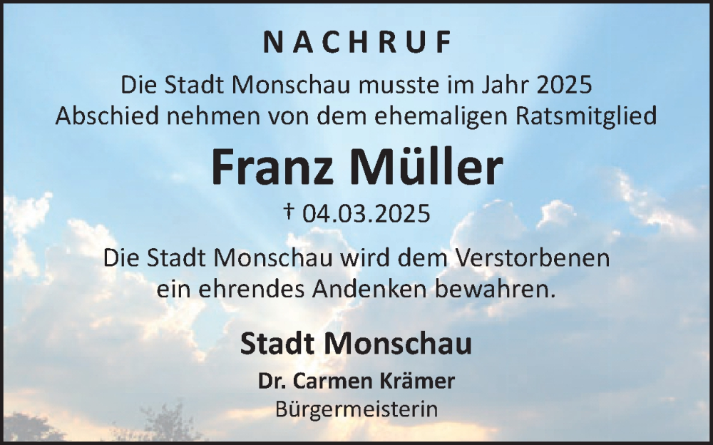  Traueranzeige für Franz Müller vom 14.01.2026 aus WochenSpiegel