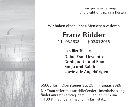 Traueranzeige von Franz Ridder von WochenSpiegel