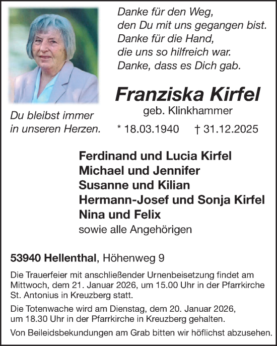 Traueranzeige von Franziska Kirfel von WochenSpiegel