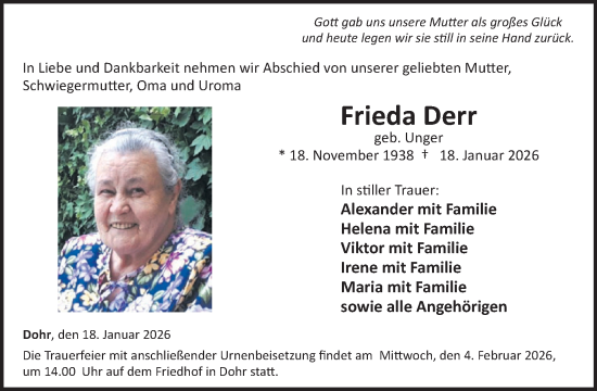 Traueranzeige von Frieda Derr von WochenSpiegel
