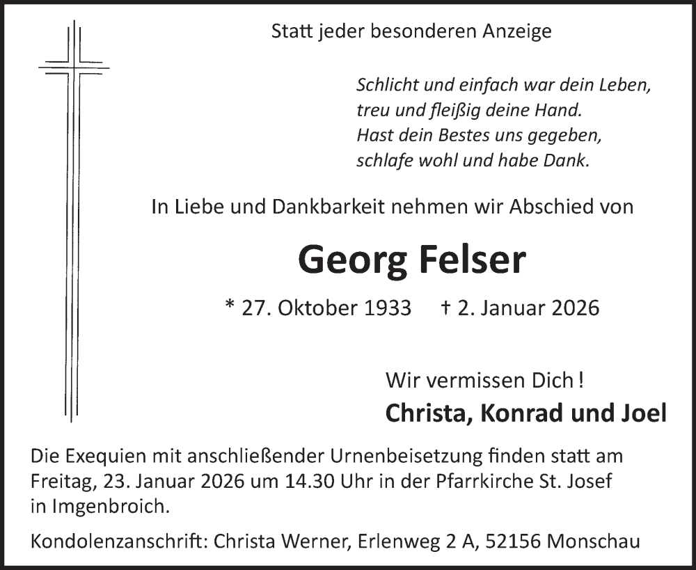  Traueranzeige für Georg Felser vom 14.01.2026 aus WochenSpiegel
