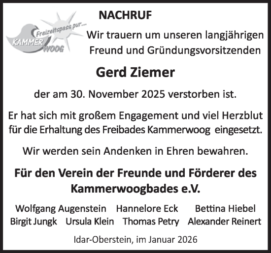 Traueranzeige von Gerd Ziemer von WochenSpiegel