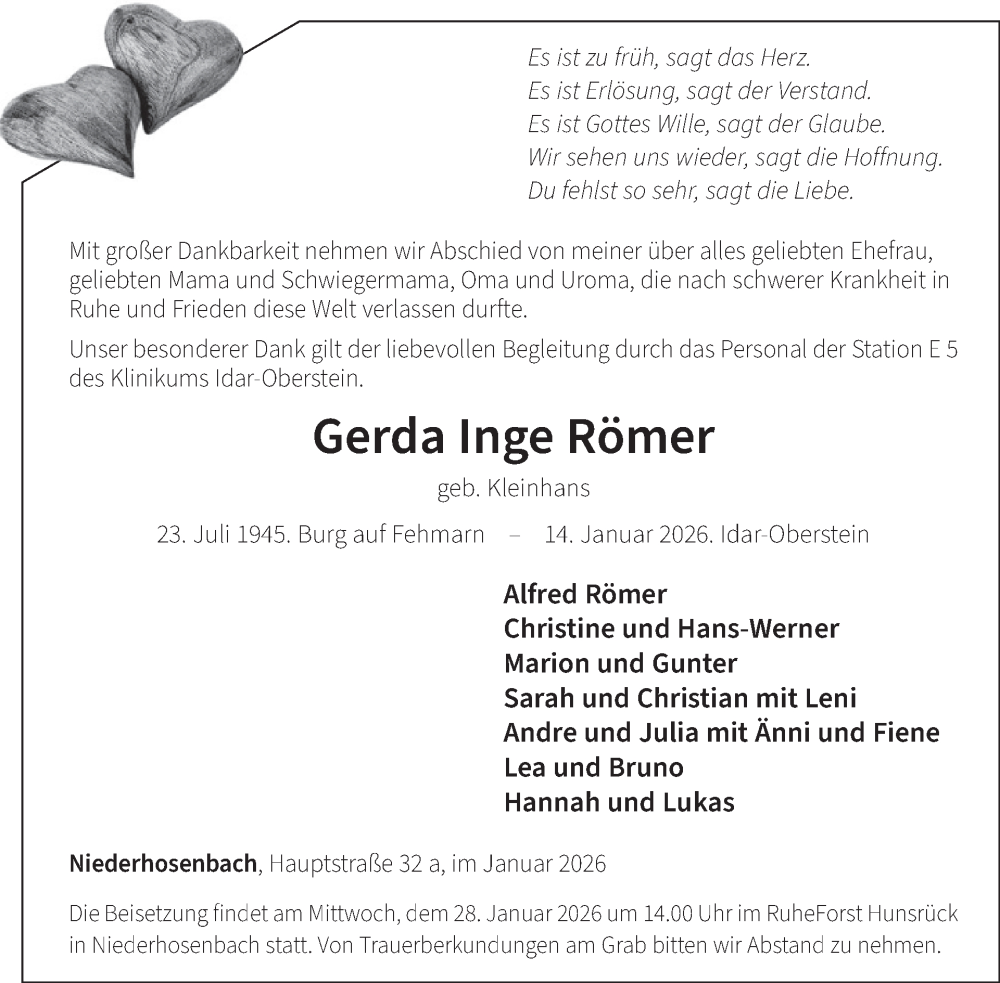  Traueranzeige für Gerda Inge Römer vom 24.01.2026 aus WochenSpiegel