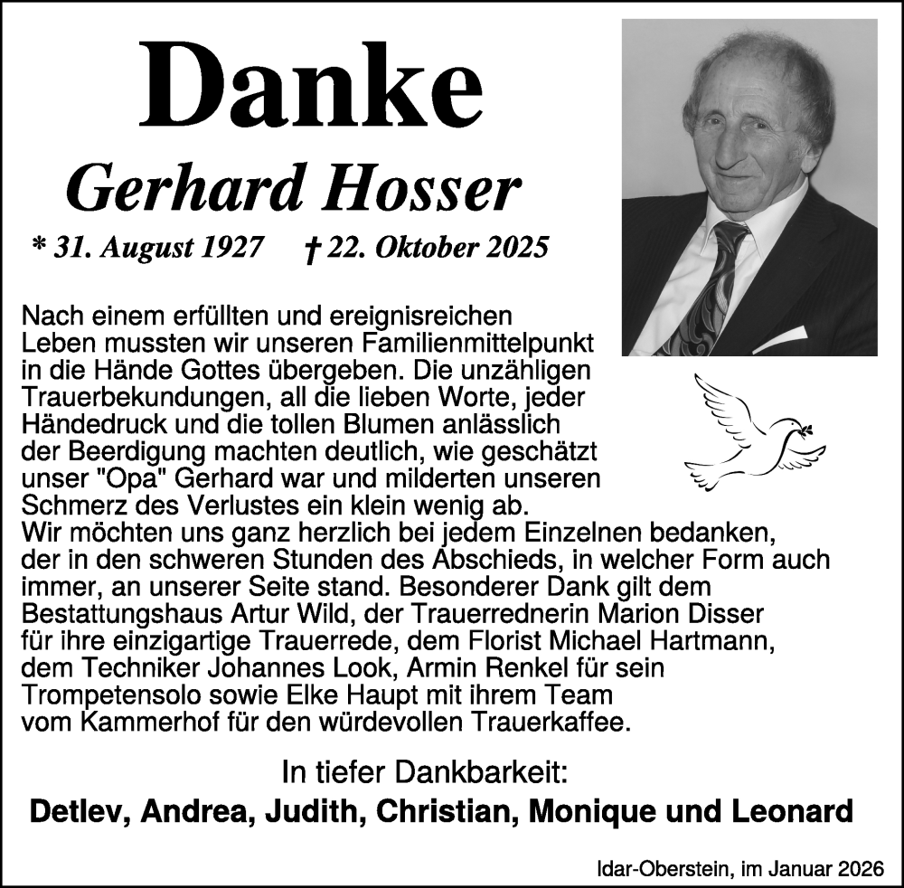  Traueranzeige für Gerhard Hosser vom 10.01.2026 aus WochenSpiegel