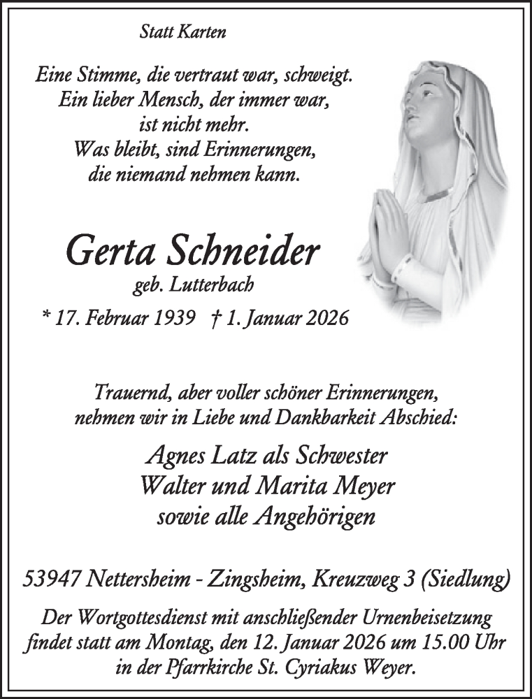  Traueranzeige für Gerta Schneider vom 07.01.2026 aus WochenSpiegel