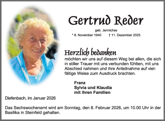 Traueranzeige von Gertrud Reder von WochenSpiegel