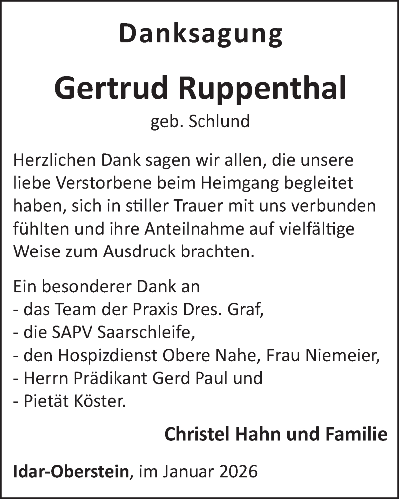  Traueranzeige für Gertrud Ruppenthal vom 17.01.2026 aus WochenSpiegel